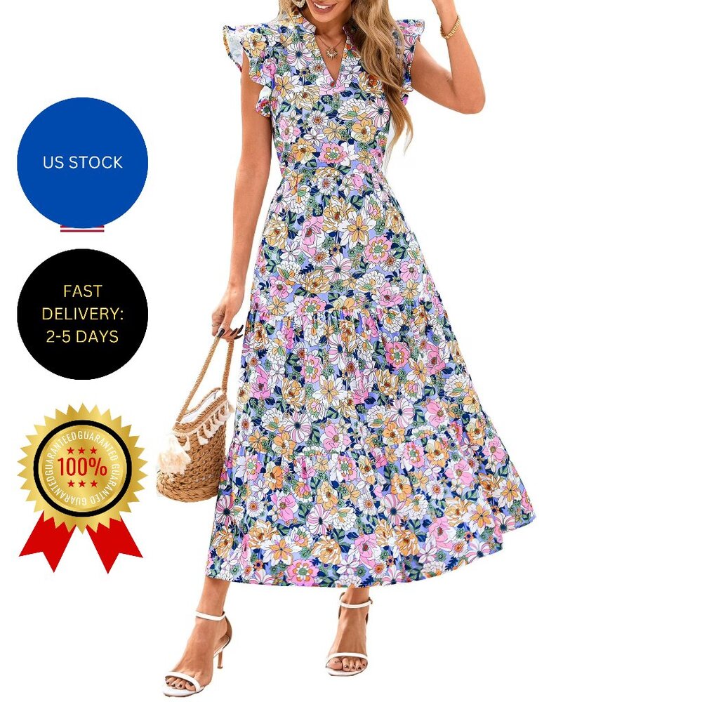 PRETTYGARDEN Women's Summer Floral Midi Dress Cap Sleeve V Neck Ruffle Long Flow
